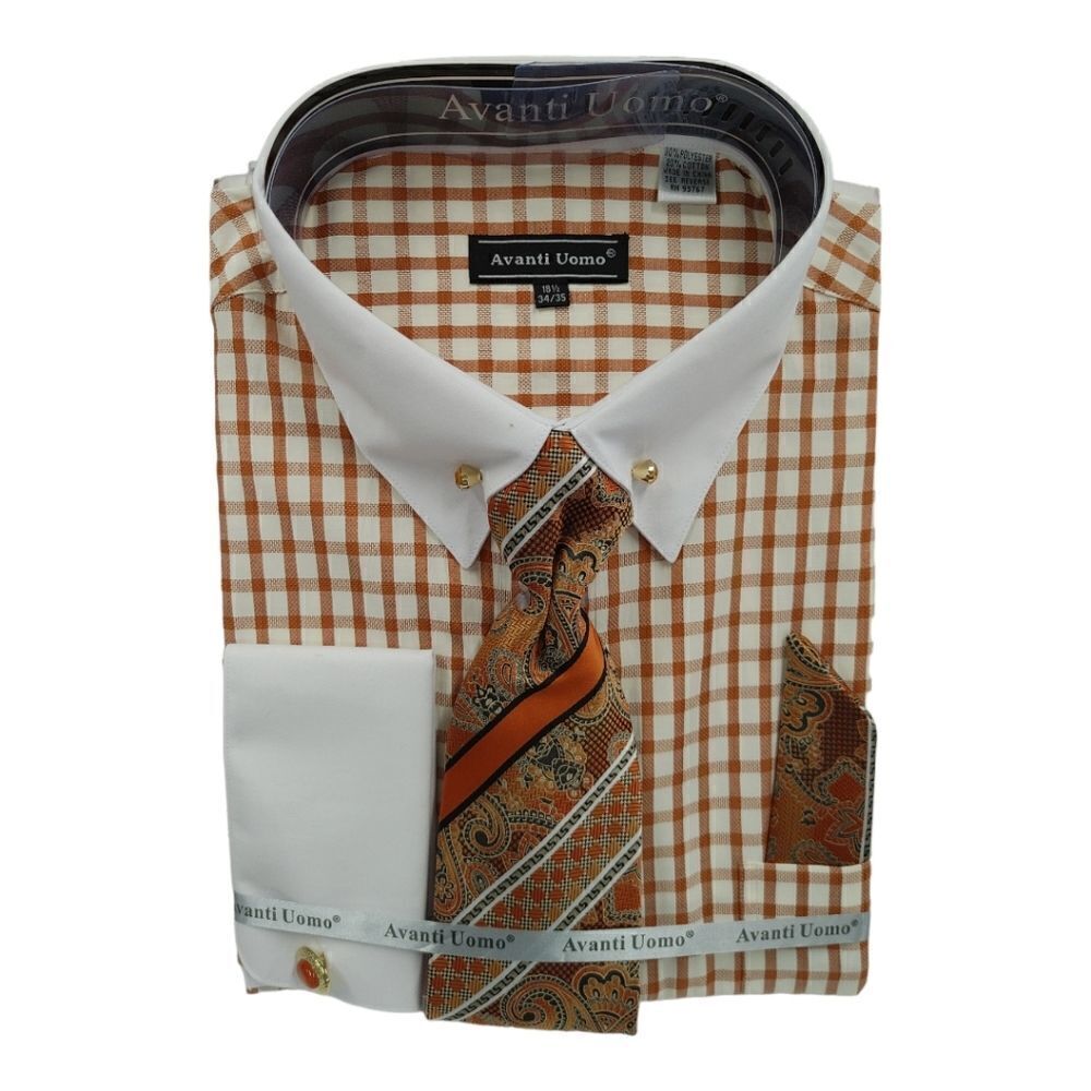 MEN'S AVANTI UOMO  WINDOW PANE  DRESS SHIRT WITH FRENCH CUFF & STONE COLLAR BAR.